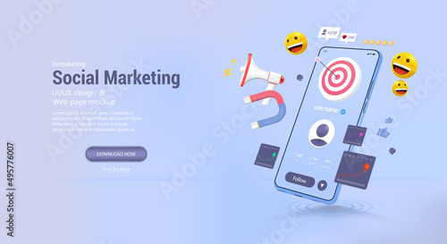 Promotion in social networks, development of a brand, page, website or store. 3D smartphone with elements of social networks and SMM tools to achieve goals. Web promotion online. Vector 3D banner