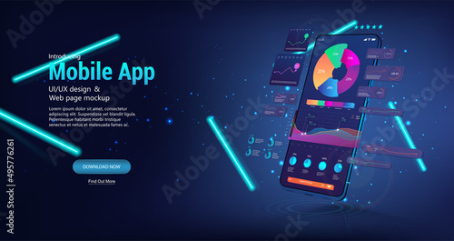 Perspective smartphone with UI, UX interface. Mobile app coding and customization concept. 3D smartphone in perspective position with user interface design. Mobile phone and App, coding, usability UI