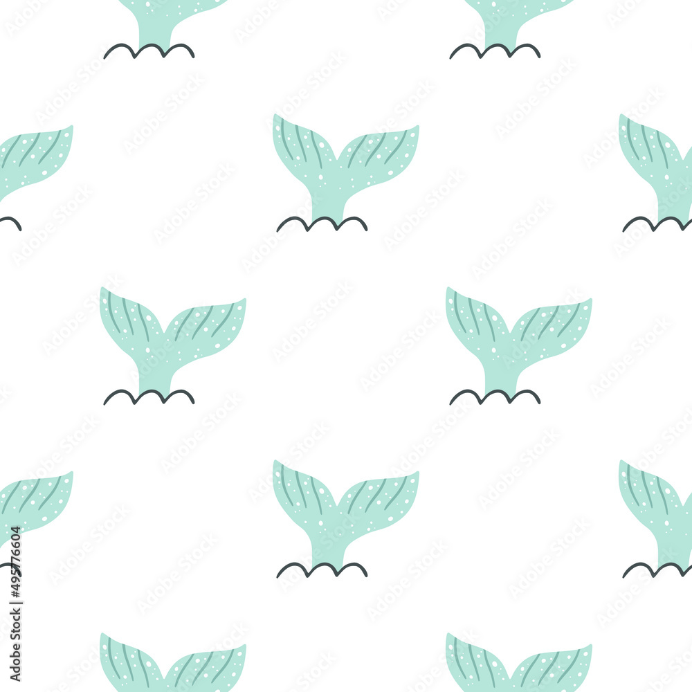 Seamless pattern with whale fin on white background. Vector illustration for children.