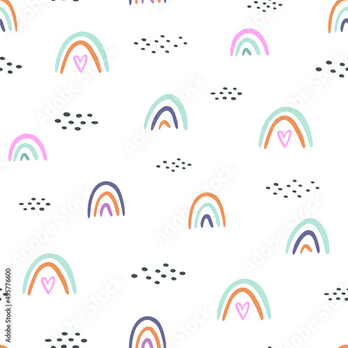 Seamless pattern with rainbows and dots on white background. Vector illustration for children.