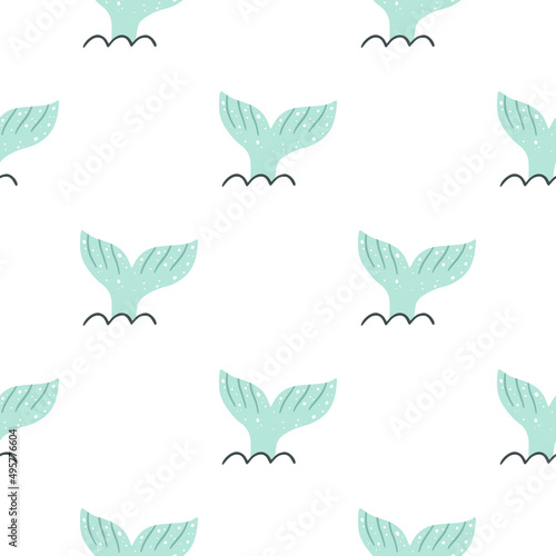 Seamless pattern with whale fin on white background. Vector illustration for children.