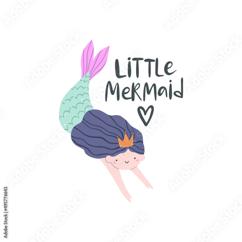 Vector illustration with cute mermaid and text Little mermaid.
