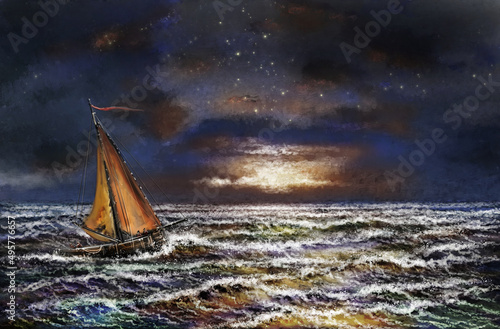 Digital oil paintings sea landscape,  fishing boat, old ship in the night sky, boat  over the moon