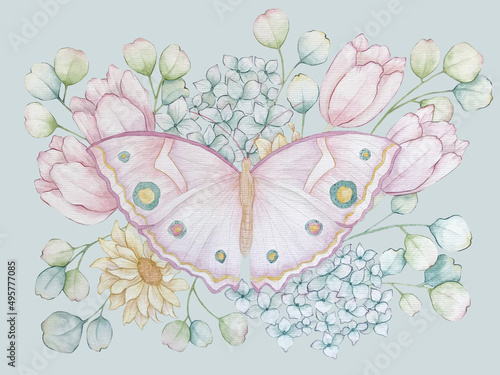 Ilustração de borboleta com flores coloridas em aquarela. photo
