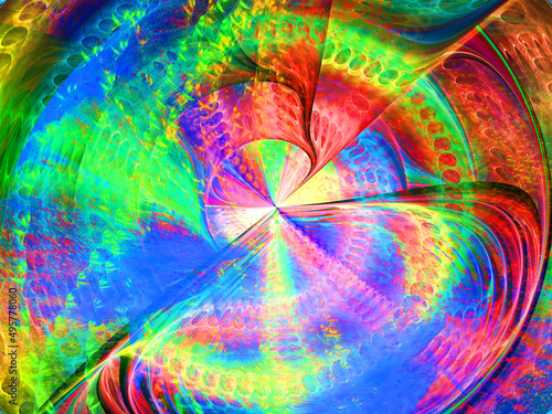 Composición de arte digital abstracto consistente en trazos coloridos deformados y solapados formando un conjunto con aspecto de una máquina destructora de energía luminosa.