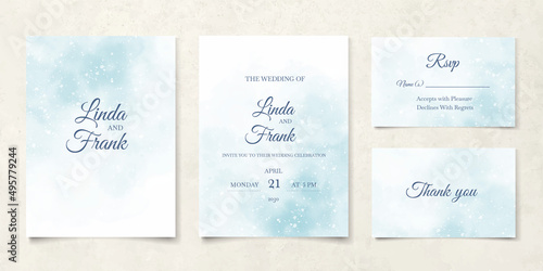 Blue watercolor wedding card template set. Abstract elegant background. Blue watercolor texture design. Vector water color art background. Pastel color watercolour banner