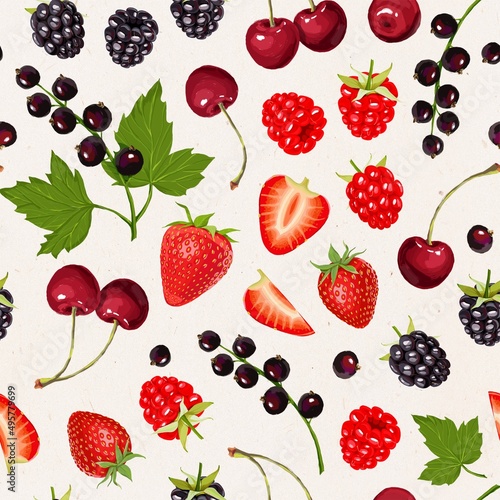 Seamless pattern of berries on a light background. Blackberries  raspberries  strawberries  black currants  cherries. Stock illustration.