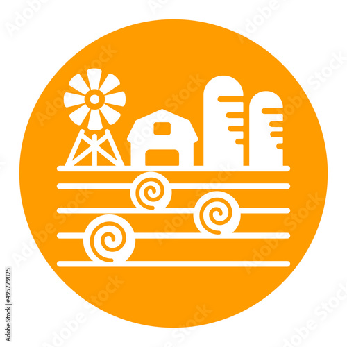 Farm landscape with barn, haystack and granary