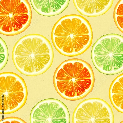 Seamless citrus pattern on a light yellow background. Orange, lemon, lime, grapefruit. Stock illustration.