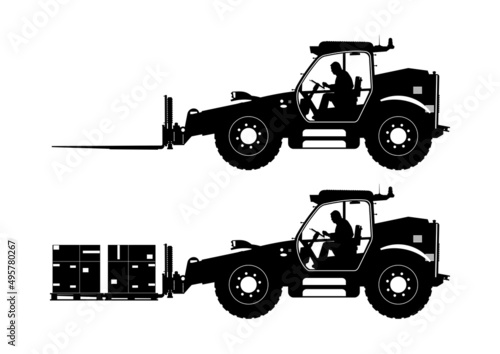 Silhouette of telehandler. Side view of telescopic handler with driver and load. Vector.