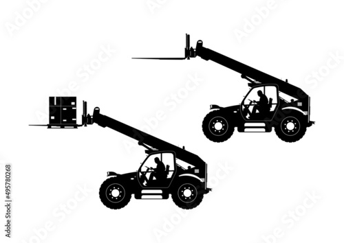 Silhouette of telehandler. Side view of telescopic handler with driver and load. Vector.