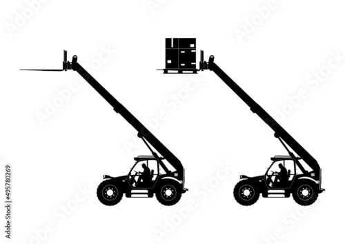Silhouette of telehandler. Side view of telescopic handler with driver and load. Vector.
