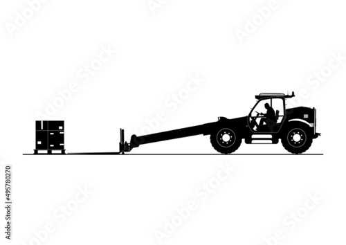 Silhouette of telehandler. Side view of telescopic handler with driver and load. Vector.