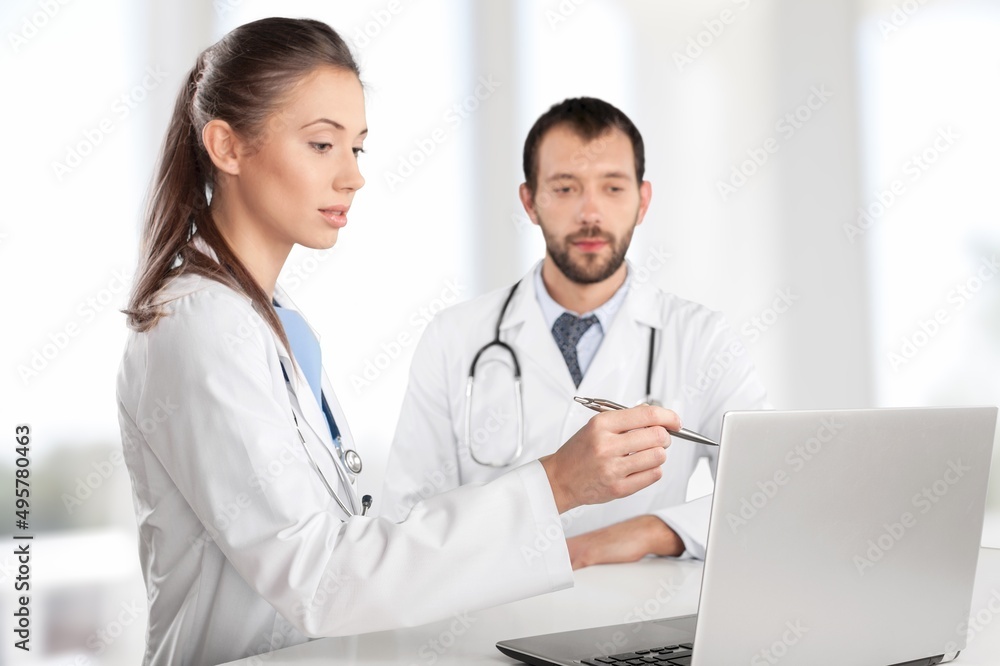 Medical young woman and man talking with video calling.
