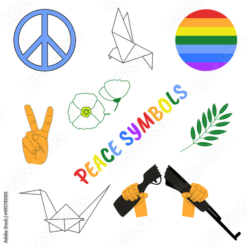 Peace symbols set. Two thumbs up, white origami dove and crane, olive branch, white shirley, rainbow colors, hands breaking a rifle. Elements for no war concept