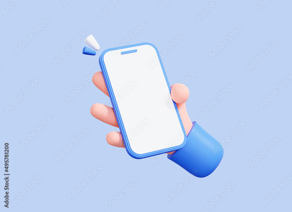 3D Hand holding mobile phone with empty screen. Cartoon smartphone isolated  on blue background. Phone device Mockup. Marketing time banner template. 3D  Rendering Illustration Stock | Adobe Stock