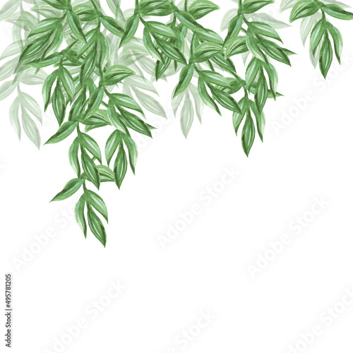 Jungle-style botanical background. Framing with green branches  chaotic technique. Watercolor style. For the design of printed products. Isolated image on a white background.