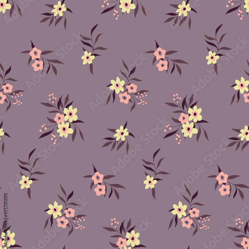 Baby floral print, seamless pattern with small flowers bouquets. Nice botanical background with tiny painted flowers, leaves in soft pastel colors. Vector illustration. © Yulya i Kot