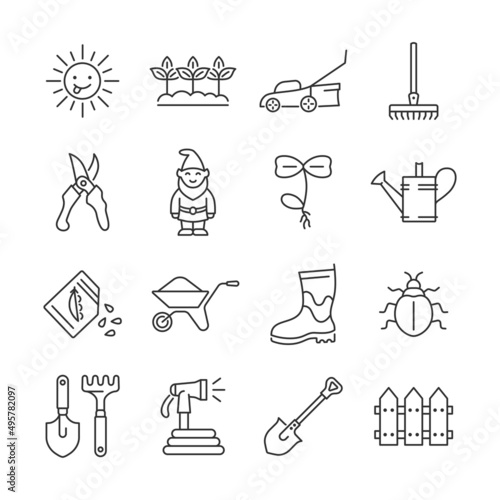 Gardening line icon set. Vector collection with seedling, garden gnome, seeds, bug, garden hose, sun, fence, sprout. Editable stroke.