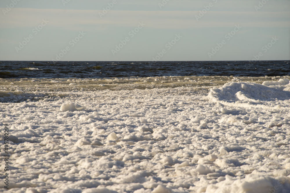 Scenic landscape of shore of Baltic sea at winter.