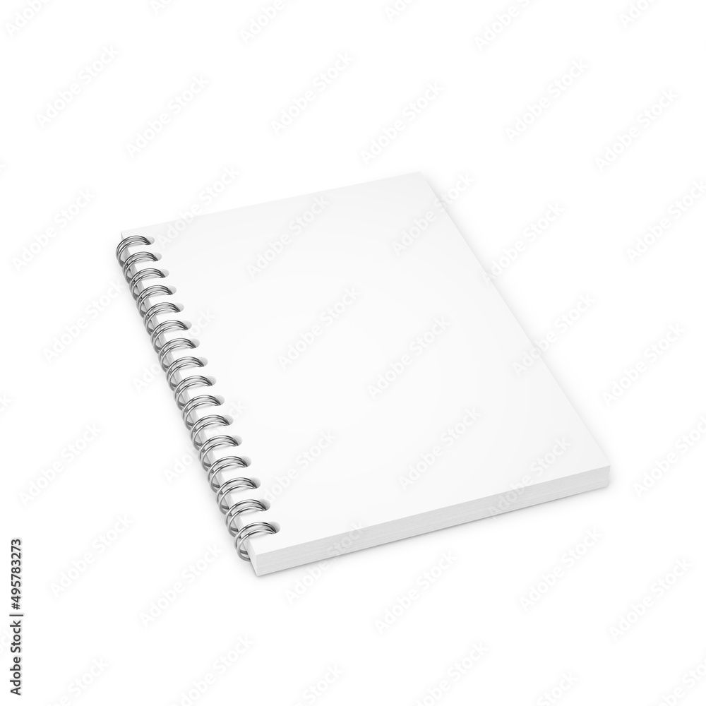 Notebook mockup with silver spiral. Blank page, copy space of open booklet. 3d rendering. Notebook mockup with silver spiral. Blank page, copy space of open booklet. 3d rendering.