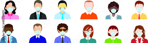 Vector illustration of people of different nationalities with masks on a white backgroun