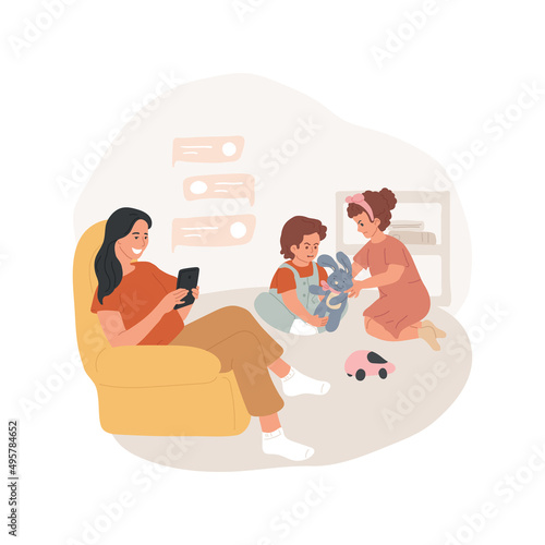 Social media texting isolated cartoon vector illustration. Social media addiction, mother sitting with smartphone, texting with friends, kids disobeying, children fighting vector cartoon.