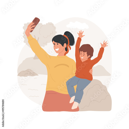 Selfie with kids isolated cartoon vector illustration. Young mother making selfie with child, sharing photo on social media, taking picture of kid, digital communication vector cartoon.