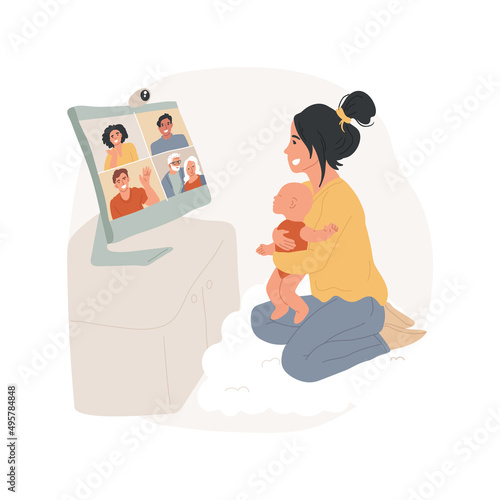 Showing newborn isolated cartoon vector illustration. Mother holding newborn baby having video chat with relatives, happy parents showing infant on camera, online communication vector cartoon.