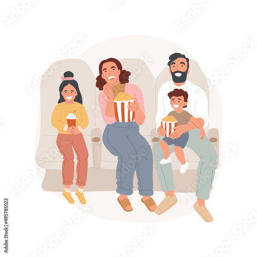 Cinema isolated cartoon vector illustration. Family social life, going out with friends, meeting in the cinema, kids with parents watching movie, eating popcorn, leisure time vector cartoon.