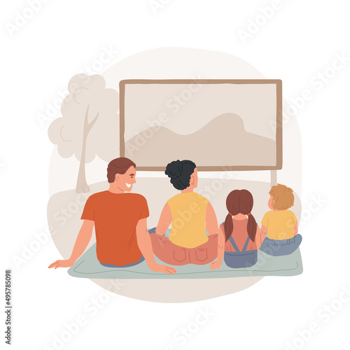 Open-air movie isolated cartoon vector illustration. Family going out, meeting friends, two families sitting on the ground in the park, open air cinema theater, adults and kids vector cartoon.