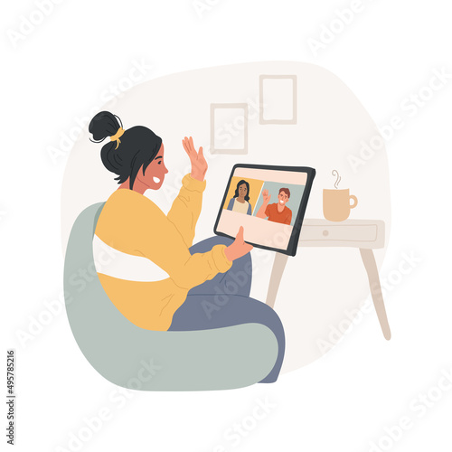 Videochat with friends isolated cartoon vector illustration. Online communication, video chat friends meeting, person waving hand, sitting with tablet, screen divided in two vector cartoon.