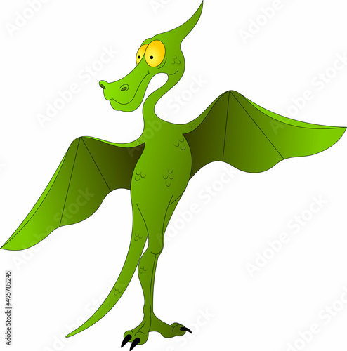 predatory flying dinosaur of green color, standing with wings spread