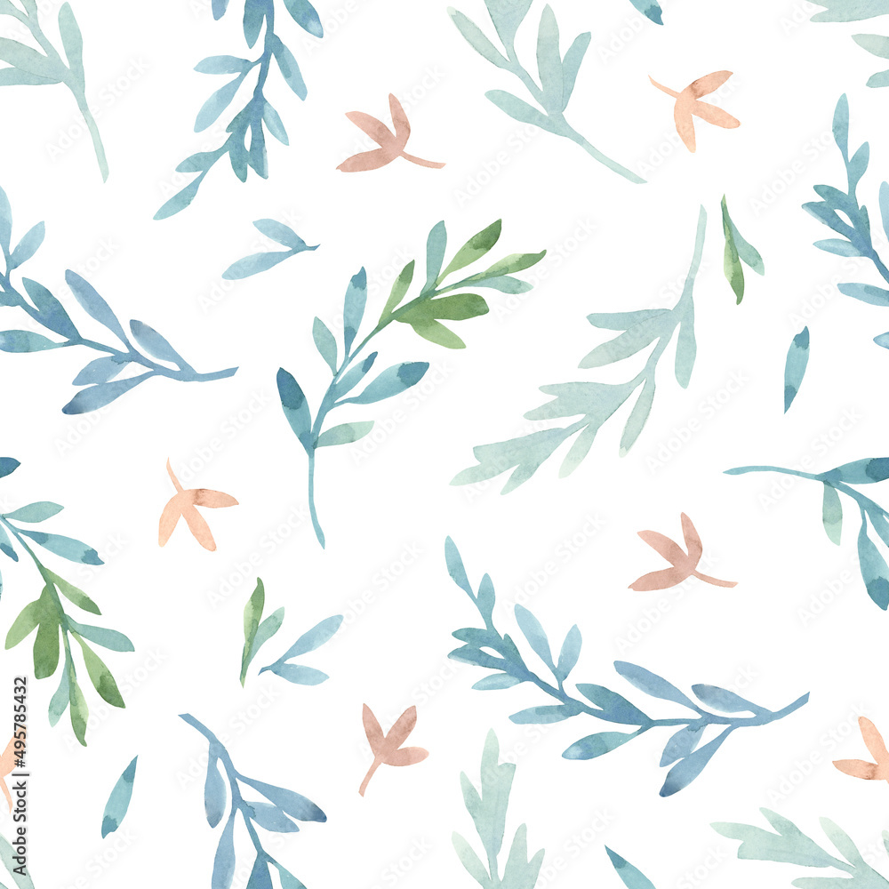 Seamless pattern on a white background of plant elements: stylized green and blue leaves and pink flowers. Painted in watercolor. For textiles, wallpaper, wrapping paper, nursery decoration, packaging Seamless pattern on a white background of plant elements: stylized green and blue leaves and pink flowers. Painted in watercolor. For textiles, wallpaper, wrapping paper, nursery decoration, packaging