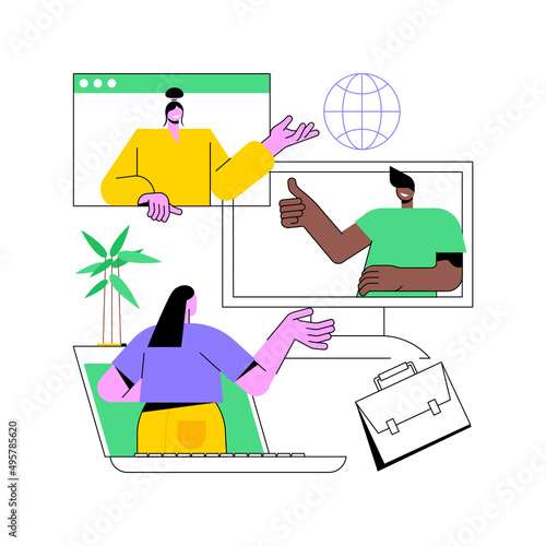 Online meetup abstract concept vector illustration. Conference call, join meetup group, video call online service, distance communication, informal meeting, members networking abstract metaphor.