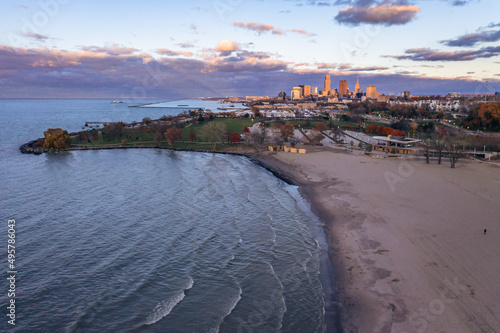 Aerial view of Edgewater beach in Cleveland, Ohio with downtown in the far back photo