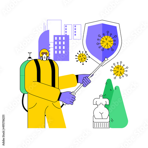 Public place sanitizing abstract concept vector illustration. Surfaces cleaning, chemical disinfectant, covid19 virus spread, prevention measures, public health, remove germs abstract metaphor.