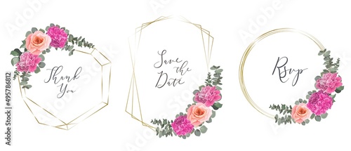 Vector set of floral frames. Pink roses, peony, hydrangea, eucalyptus, golden frames. Elements for design on a white background.