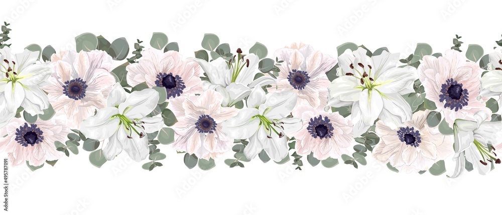 Seamless vector border pattern. White anemones, lily, eucalyptus, green plants and leaves. Elements for wedding design