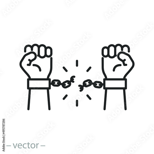 break chain on hands icon, struggle freedom from slavery, arm explode, thin line symbol on white background - editable stroke vector illustration