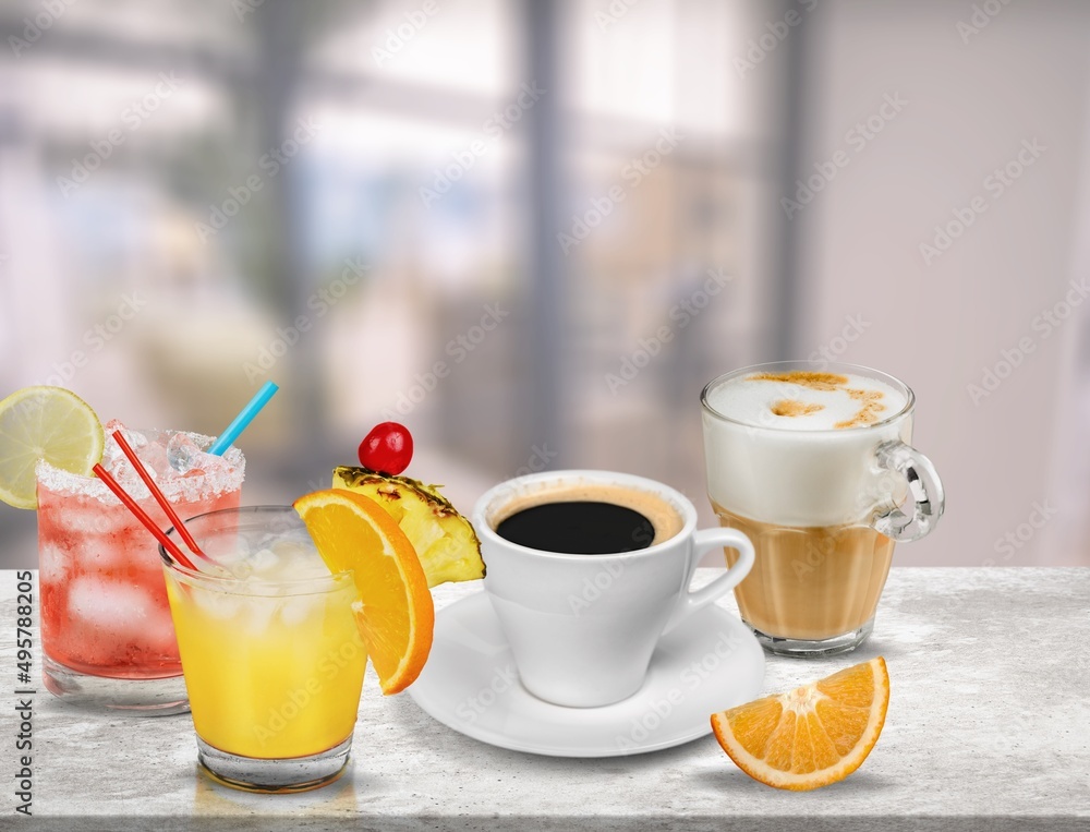 Coffee Latte, Americano, Orange juice with fruit Coffee Latte, Americano, Orange juice with fruit