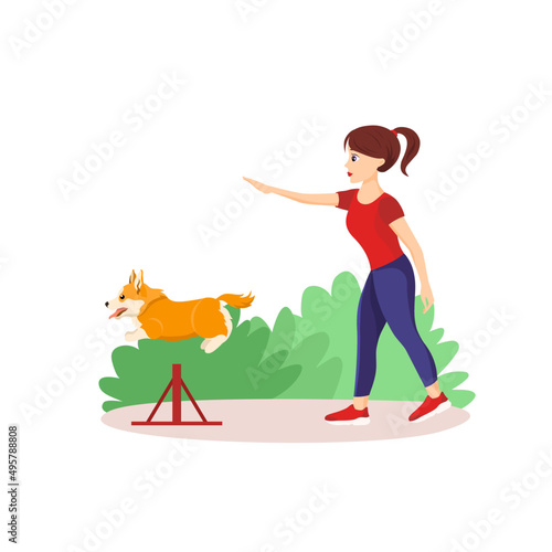 Vector illustration in cartoon style isolated on white background. Girl training her pet in the park. Happy welsh corgi having agility lesson. Jump command