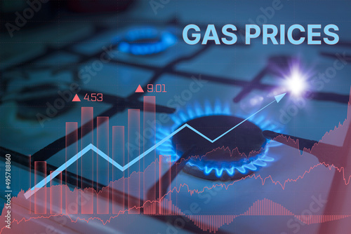 Grow prices for natural gas. Blue flame of burning natural gas from a gas stove and graph chart with the indicator of the high gas price