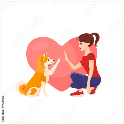 Akita dog giving five to the girl. Big heart on the background. Love to the pet. Flat vector illustration isolated on white background