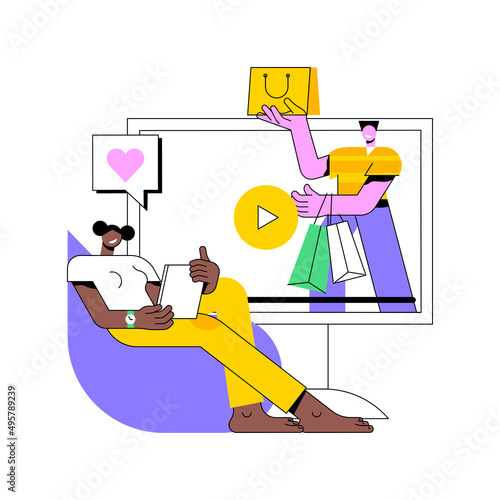 Shopping sprees video abstract concept vector illustration. Shopping mall video, spree haul content, fashion lifestyle channel, retail therapy, personal vlog, homemade marketing abstract metaphor.