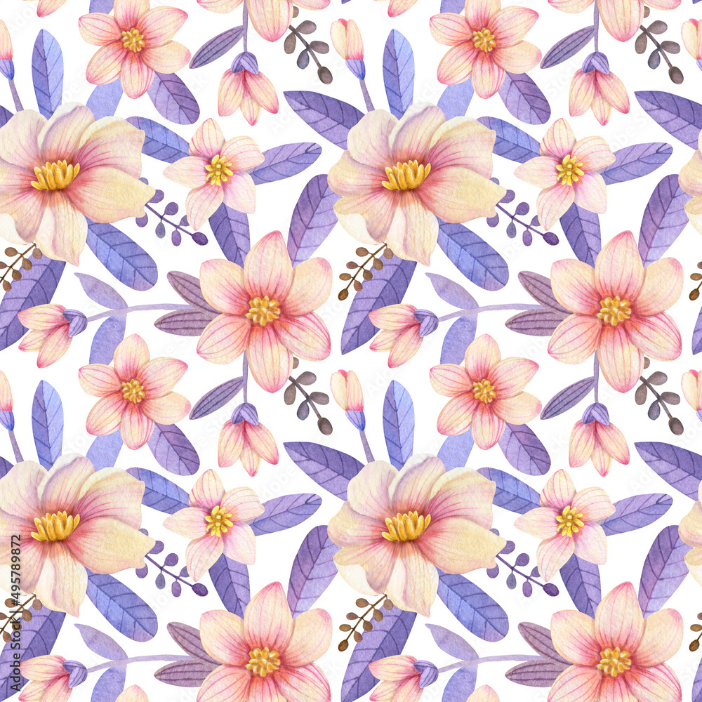watercolor pattern with Hibiscus pink flowers and purple leaves on a white background, blossom watercolor floral pattern