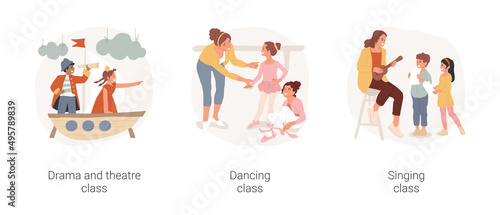 Gradeschoolers creativity and imagination isolated cartoon vector illustration set. Drama and musical theatre class, dancing and singing PA day program, art after school activity vector cartoon.