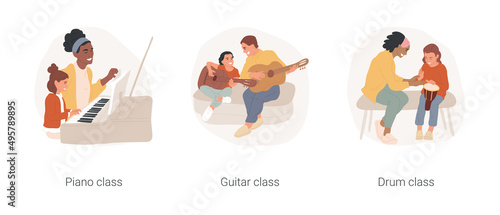 Gradeschool students music lessons isolated cartoon vector illustration set. Piano playing, guitar and drum class, after school art activity, PA day program, creativity development vector cartoon.