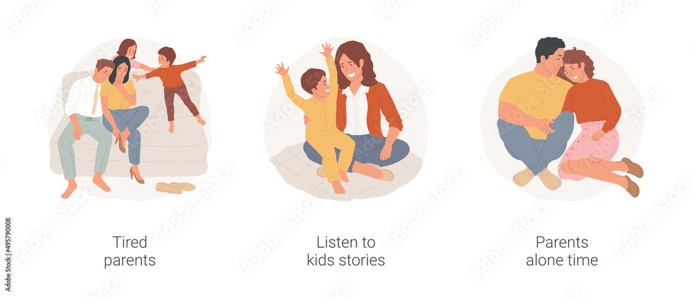 Parents after work isolated cartoon vector illustration set. Tired parents after working day, listen to kids stories, mom and dad leisure time alone, coupe sitting together at home vector cartoon. Parents after work isolated cartoon vector illustration set. Tired parents after working day, listen to kids stories, mom and dad leisure time alone, coupe sitting together at home vector cartoon.