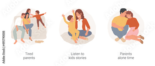 Parents after work isolated cartoon vector illustration set. Tired parents after working day, listen to kids stories, mom and dad leisure time alone, coupe sitting together at home vector cartoon.